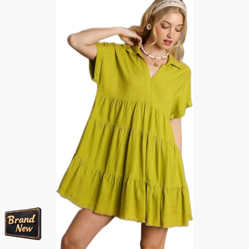 Linen Tiered Dress With Folded Sleeves, Casual Summer Wear